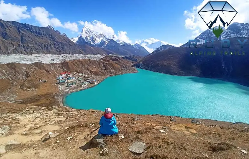 Gokyo Valley with turquoise lake and Himalayan mountains in Nepal.