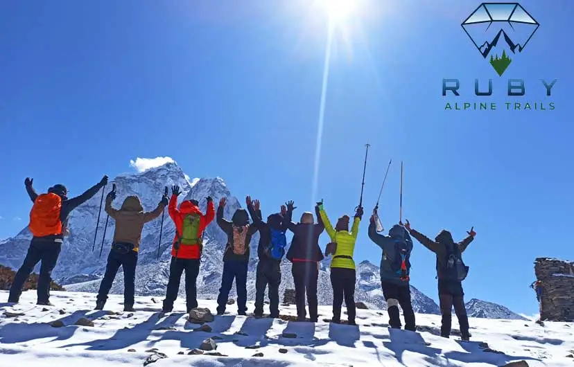 Trekkers enjoying the Himalayan scenery during the Everest Cho La Pass trek