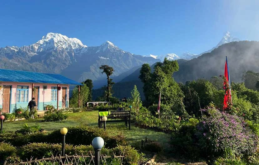 Panoramic view of the Mardi Himal Trek trail and surrounding Himalayan mountains from Pitam Deurali in Nepal.