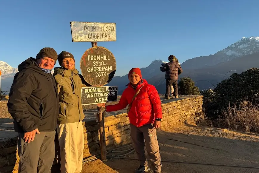 Trekkers standing beside the Poon Hill sign after reaching the viewpoint during the 5-day Ghorepani Poon Hill Trek in Nepal.
