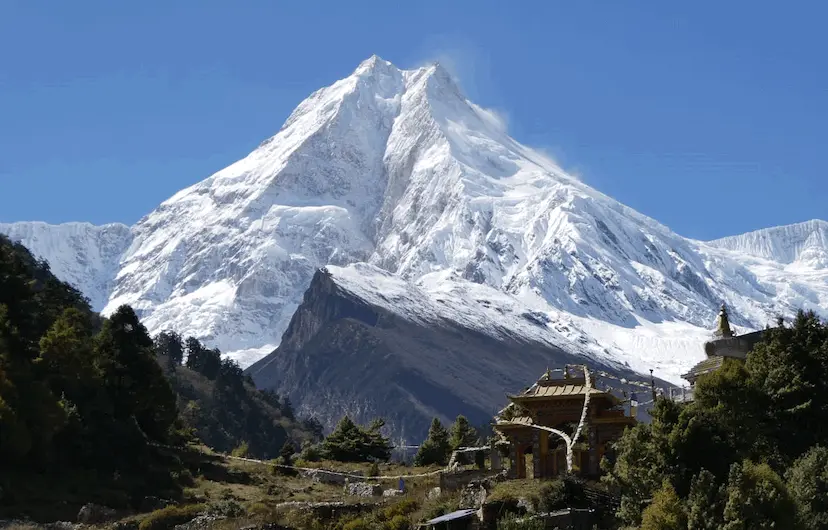 View of Manaslu fro Lho Village during manaslu base camp trek with the monastery.