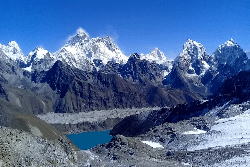 Panoramic view of Mount Everest from Gokyo Valley during Everest Three High Pass Trek.