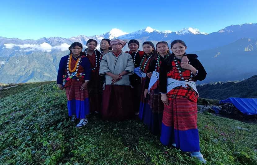 Trekkers with cultural local dress during ruby valley trek.